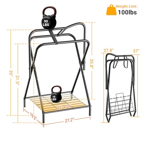 Dunatou Foldable Saddle Rack with Bottom Storage Shelf – Heavy Duty Horse Saddle Stand for English & Western Saddles, Portable Blanket Holder & Saddle Pad Rack for Tack Room, Barn & Trailer, Black