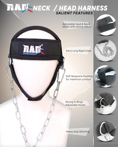 RAD Neck Trainer Adjustable Steel Chain Strength Weight Lifting Harness for Training Head Strenghtener Exerciser Neck Workout Strap Black Belt for Exercise