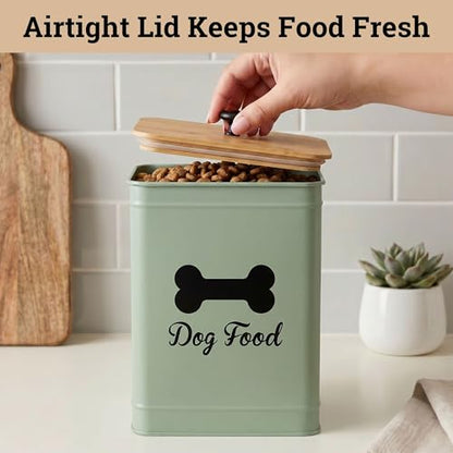 Metal Dog Food Container 5-7lb, 25 Cup w/ Airtight Bamboo Lid, Metal Handle - color: Sage Green: Bone