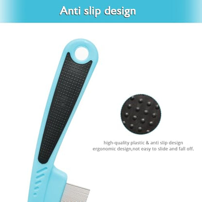 Flea Comb for Dogs and Cats - Lice Comb with Rubber Handle - Promotes Hair Growth and Removes Loose Hair, Knots, and Flakes Flea Brush for Pets (Blue) - color: Blue