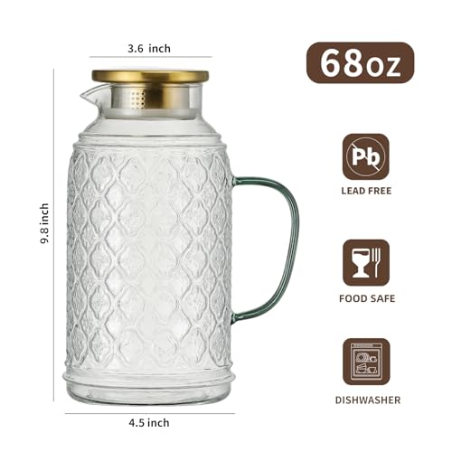 Buaic Glass Pitcher with Lid, 2 PACK 68 oz/2 Liter Vintage Water Pitcher - size: 2L-2PACK