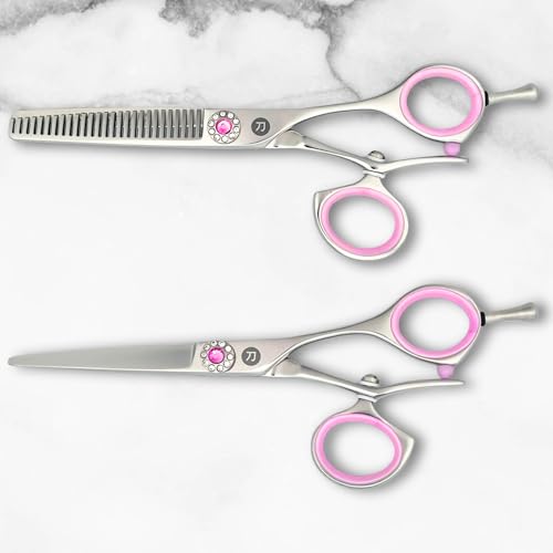 Saki Shears Sakura 5.5" Swivel Hair Cutting Scissors Set - Pink Cutting and Thinning Shears with Rotating Thumb - 440C Japanese Steel - color: Steel, size: Set of Swivel Shears