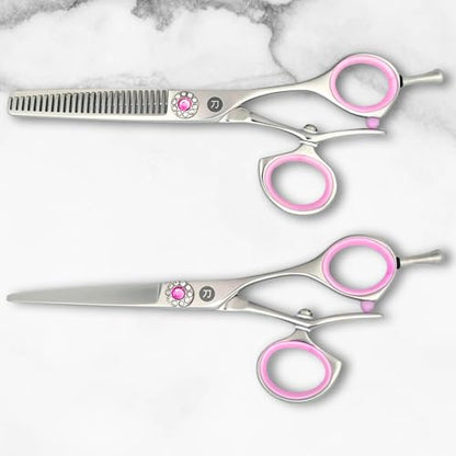 Saki Shears Sakura 5.5" Swivel Hair Cutting Scissors Set - Pink Cutting and Thinning Shears with Rotating Thumb - 440C Japanese Steel - color: Steel, size: Set of Swivel Shears