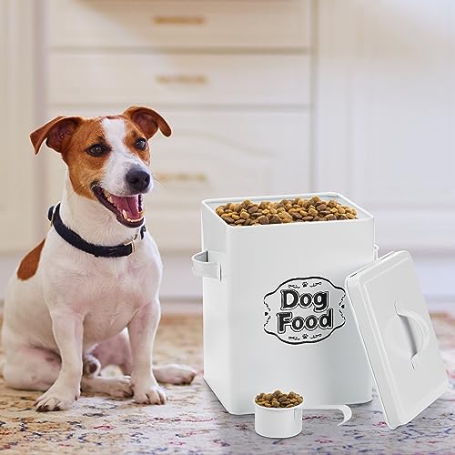 Youeon 5-7 Lbs(25 Cup) Metal Dog Food Storage Container with Lid and Scoop, Airtight Dog Treat Container, Farmhouse Pet Food Storage Container, Cute Dog Food Canister, Gift for Dogs and Owners, White