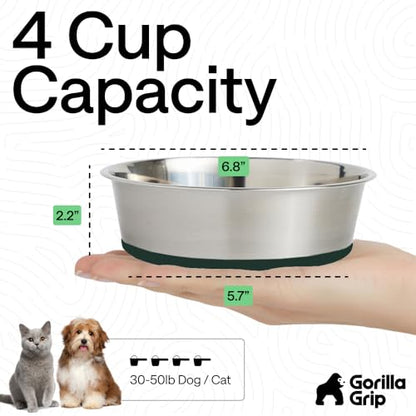 GORILLA GRIP Dog Bowls, Food Grade Stainless Steel, Set of 2, 4 Cup, Green | 304 Stainless Steel Pet Feeding Bowls Hold 32 fl oz Each, Dishwasher Safe, Rust Resistant, BPA Free Rubber Base - color: Hunter Green, size: 4 Cup (32 Oz)