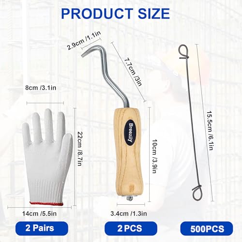 500pcs Rebar Wire Bar Ties, 6" Double Loop, 16 Gauge - Reinforcing Steel Bar Ties with Wooden Grip Handle for Concrete Construction,1 Gloves (500pcs with Wire Tie Twisters) - size: 500pcs with Wire Tie Twisters