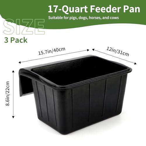 3 Pack 17 Quart Rubber Feed Pan, Horse Feed Pan with Stall Hook - color: Black-17 Quart, size: 17 Quart
