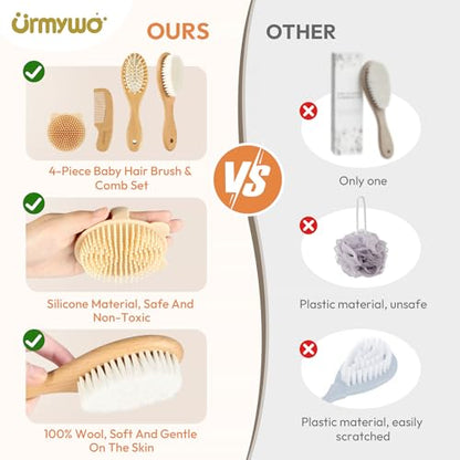 Baby Brush and Comb Set, 4 Piece Wooden Soft Bristle Hairbrush for Newborns | Baby Brush for Cradle Cap, Essentials Care Kit, Baby Shower Gift for Boys & Girls