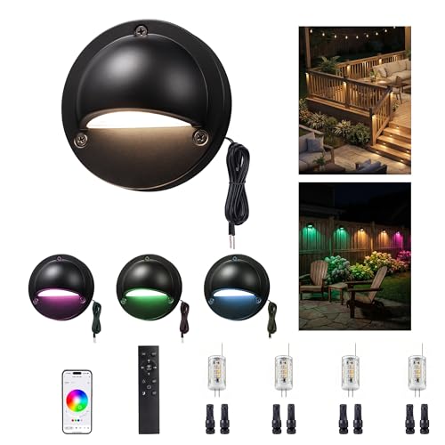 Low Voltage RGBCW Smart Deck Lights, 12V Bluetooth Mesh Black Outdoor Landscape Lighting with App & Remote Control, Replaceable G4 Bulb, IP65 Waterproof Aluminum for Step Stair Fence, 4 Pack - color: Black-RGBCW (Wiring Required), size: 4 Pack