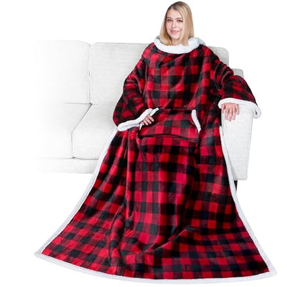 PAVILIA Sherpa Wearable Blanket with Sleeves and Pocket, Plush Thick Cozy Body Blanket Wrap for Adult Women Men, Christmas Gift for Wife Mom, Buffalo Red Black - color: Checkered Red