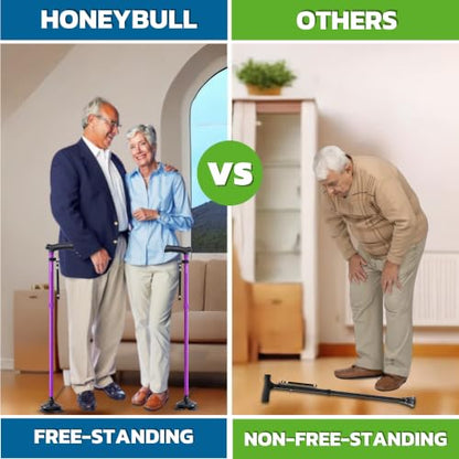 HONEYBULL Walking Cane for Men & Women, Foldable Free Standing Cane | Adjustable Height, Collapsible Design, Heavy-Duty, Pivot Base for Stable Support, Ergonomic Handle - color: Purple