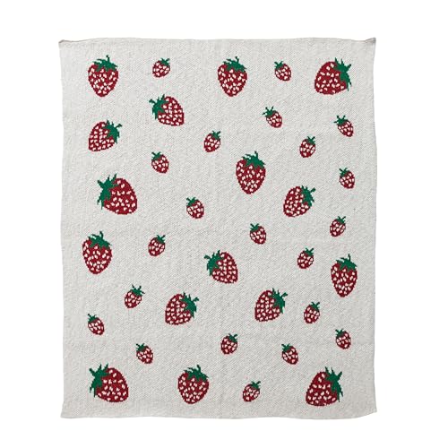 Creative Co-Op Cotton Knit Baby Blanket with Strawberry Pattern, Cream, Red and Green - color: Strawberries, size: 40" L x 32" W