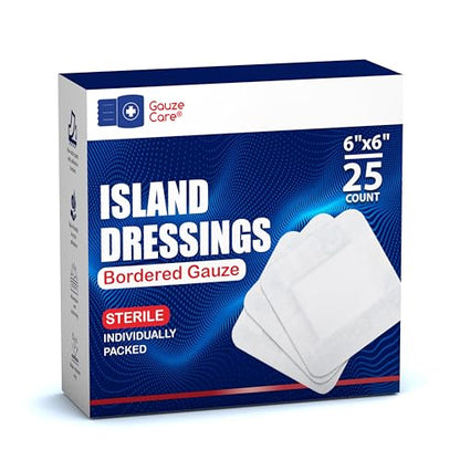 GauzeCare Island Dressing 6x6 (inch) 25 Pcs| Individually Packed Sterile Bordered Dressing | 4x4 Non-Stick Pad in Center with Acrylic Adhesive Borders| Water-Resistant Adhesive Pads for Wound Care - size: 6x6 Inch - 25 Dressings