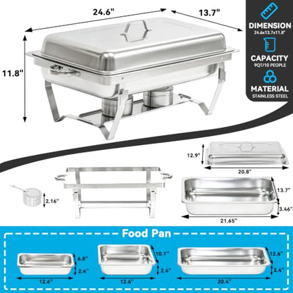 9QT Chafing Dishes for Buffet 4 Pack with 7 Multi-Size Food Pans Silver - color: Silver-001