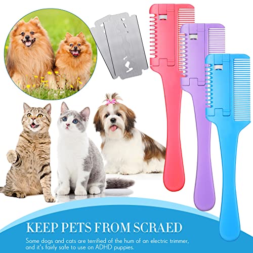 3 Pcs Pet Grooming Razor Comb with 50 Replacement Blades - Double Sided Hair Trimmer, Cutter and Scissors Tool for Dogs and Cats(Pink, Blue, Purple) - color: Pink, Blue, Purple