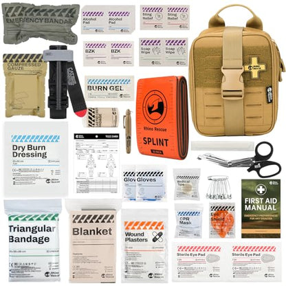 RHINO RESCUE IFAK Trauma Kit Standard with CAT Tourniquet Coyote Brown | Military-Grade, Massive Bleeding Control, Tactical Molle Pouch, Professional First Aid Kit, HSA/FSA Approved - color: Coyote