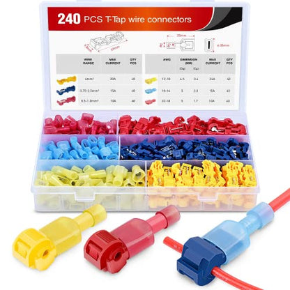 Nilight - 50031R 240 Pcs/120 Pairs Splice Wire Terminals T-Tap Self-Stripping with Nylon Fully Insulated Male Quick Disconnects Kit