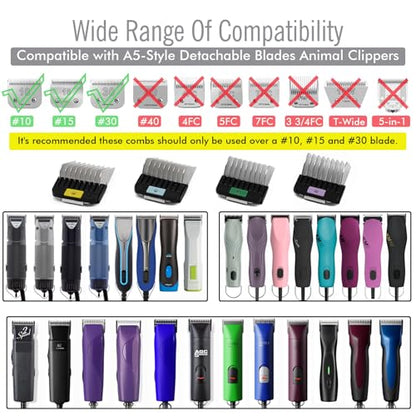 4 Pieces Professional A5 Style Animal Clipper Metal Snap-on Attachment Guard Guide Combs Set, 5/8", 3/4", 7/8", 1" Compatible with Wahl KM Series Oster A5 Andis Detachable Blade Pet Groomers