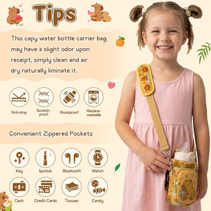 Water Bottle Carrier Bag with Strap for Kids - Water Bottle Bag Holder with Padded Strap Pocket 10/12/14/16/18Oz for Boys Girls School Walking Hiking Camping - style: Capy