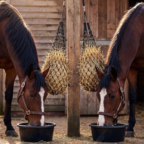 6 Pcs Horse Supplies Set 2 Hay Bags 2 Heavy Duty Rubber Feed Pans 2 Horse Bucket Strap Hangers for Slower Feeding Hay Bag Hanging Stable Trailer