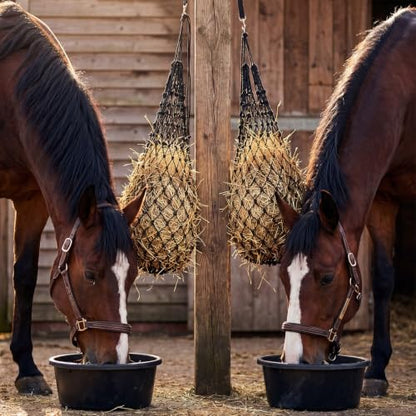 6 Pcs Horse Supplies Set 2 Hay Bags 2 Heavy Duty Rubber Feed Pans 2 Horse Bucket Strap Hangers for Slower Feeding Hay Bag Hanging Stable Trailer