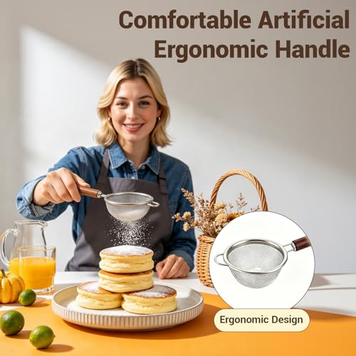 3 Pack Fine Mesh Strainers with Silicone Tongs, Stainless Steel Sieve Set with Wooden Handle, Small/Medium/Large Food Strainers for Baking Flour, Baby Food, Juice, Soy Milk, Kitchen Cooking