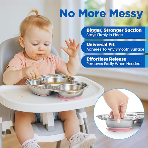 Stainles Steel Baby Suction Plate, Car Divided Toddler Plate Pink - color: Pink