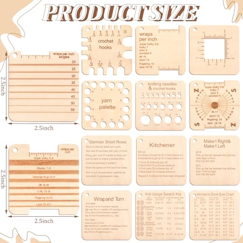 Eersida 15Pcs Wooden Knitting Gauge Set Yarn Tool with Ruler & Chain, Basic | Needle Gauge Measuring Tools, Crafts Knitting Supplies Accessories, Multi-size Holes for Beginner Knitting Crochet Lover
