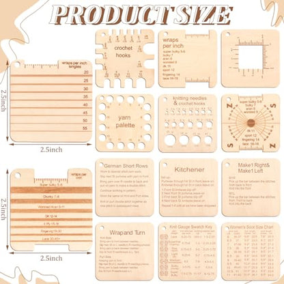 Eersida 15Pcs Wooden Knitting Gauge Set Yarn Tool with Ruler & Chain, Basic | Needle Gauge Measuring Tools, Crafts Knitting Supplies Accessories, Multi-size Holes for Beginner Knitting Crochet Lover