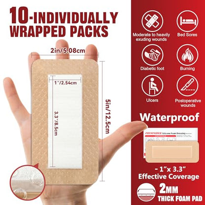 FRESINIDER 2" x 5" Pack of 10 Silicone Foam Wound Dressing - Waterproof Adhesive Bandages with Bordered - Super Absorbent & Breathable for Optimal Wound Care - color: 2" X 5", 10 Pack