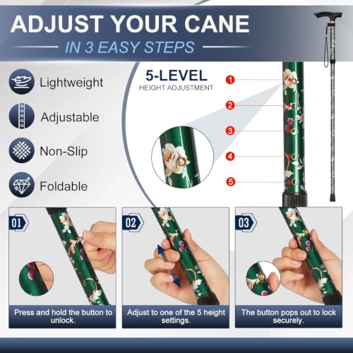 supregear Folding Cane, 5-Level Adjustable Height Walking Stick Lightweight Collapsible Portable Travel Cane with Wrist Strap and T Handle for Elderly Disabled Men Women - color: Green Floral