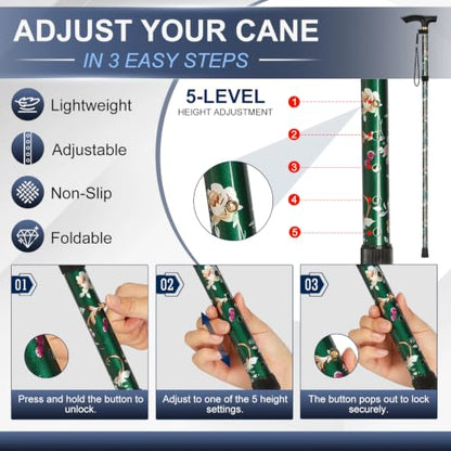 supregear Folding Cane, 5-Level Adjustable Height Walking Stick Lightweight Collapsible Portable Travel Cane with Wrist Strap and T Handle for Elderly Disabled Men Women - color: Green Floral