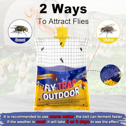 6 Big Fly Bags Outdoor Traps Hanging for Patio - Pre-Baited, Disposable | Fly Catcher Killer Repellent with 6*50g Bait for Outside in Chicken Coop, Horse Barns | Easy to use | Durable | Effective - size: 6 Pack