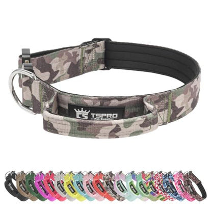 TSPRO Heavy Duty Tactical Dog Collar Quick Release Metal Buckle with Handle | Premium Dog Collar, Military Grade, 1.25 Inch Wide, Soft Padded, Thick, Adjustable for Medium & Large Dogs (Military Green M) - color: Camo Military Green, size: M, Handle Style