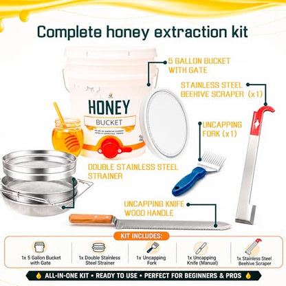 5 Gallon Honey Bucket Kit with Gate, Strainer and Scraper | 5 gallon honey processing kit with gate, double-layer stainless steel strainer and scraper for filtering and bottling.