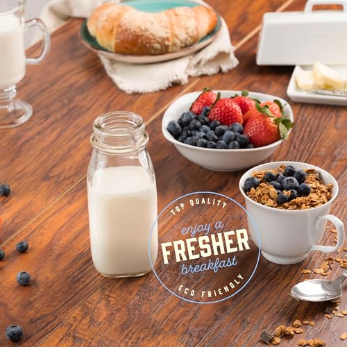 kitchentoolz 12 Oz Square Glass Milk Bottles with Lids (4 Pack) – Reusable Glass Creamer Bottles for Milk, Juice, and More – Includes Tamper-Proof Caps and One Silicone Pour Spout - size: 12 Ounce