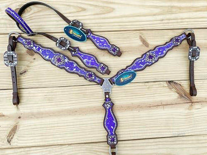 Western Leather Headstall & Breast Collar Set for Horses - Valentine’s Day Silver Metallic Cowhide with Rhinestones - color: Purple