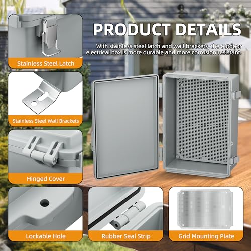 Joinfworld Waterproof Box for Electronics Outside 11.4x7.5x5.5 Outdoor Weatherproof Electrical Box Plastic Weather Proof Nema 4 Enclosure | ABS box, FOR Insulation WiFi signal, Stainless Steel Latches, Plate & NPT1/2" Glands, For Solar, Starlink, Network,