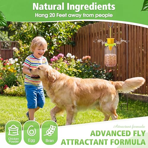 8 Pack Fly Traps Outdoor, Reusable Fly Catcher Bottles with Bait Hanging Flies Traps with Non-Toxic Dissolvable Bait Refills for Flying Insect Drain Patio Garden Yard Barn Outdoor