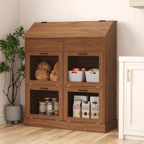COSIEST Oversized Potato Storage Bin, 47'' High Wooden Bread Box with Adjustable Door Hinge, Farmhouse Potato and Onion Storage Bin with 4 Mesh Doors, Kitchen Fruit and Vegetable Storage Cabinet