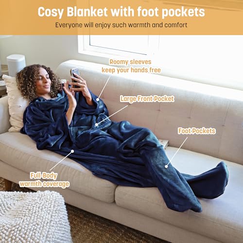 Catalonia Wearable Blanket with Sleeves & Foot Pocket for Adults - color: Navy, size: Fleece