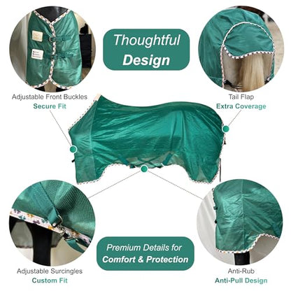 BARN & STABLE Breathable and UV Protective Tear-Resistant Mesh Horse Fly Sheet Comfy Equine Summer Sheet with Removable Web Leg Straps - color: EverGreen, size: 69 in