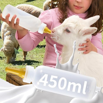 Lamb Feeding Bottle Kit, White, Silicone Nipples, 450ml/15oz Capacity, Complete Starter Set with 3 Replacement Nipples for Farm Animals