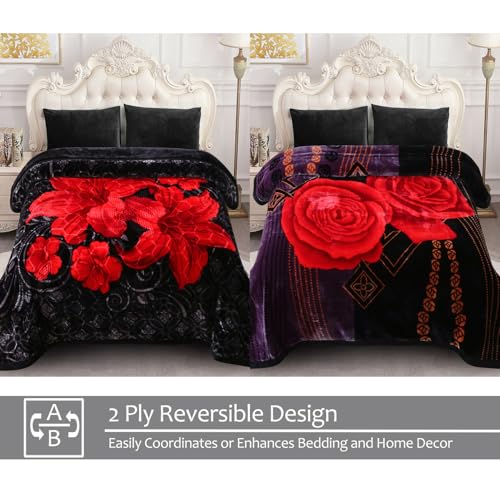 JML Korean Style Fleece Blanket King Size, 87" x94", 10.5 Pounds, Thick Raschel Floral Blanket for Winter, 2 Ply, A&B Printed, Silky Soft Plush,Warm (Black Flowers) | 2 Ply, A&B Printed, Embossed, Reversible, Plush, Silky Soft, Thick, Warm for Winter, Bla