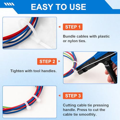 Cable Tie Gun, Die-Cast Steel Flush Cut Fastening Tool, Ergonomic and Adjustable Tension 1-3 Settings, 6.29 Inches Length for Nylon Cable Ties