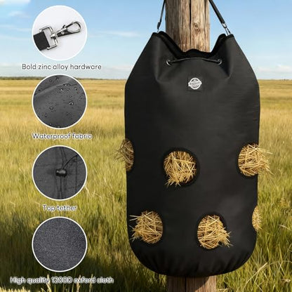 3 Pcs Hay Bags for Horses,Slow Feeder Hanging 1200D Oxford Cylindrical Hay Bag,Net Large Opening Feed Hole Hay Bag,Horse, Goats, Sheep,Cows & Donkeys (Black)