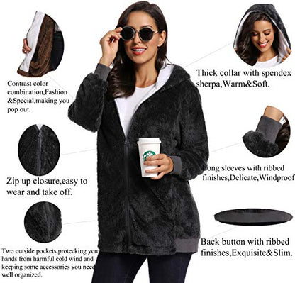 Fleece Coat for Women,Women's Oversized Zip Up Hooded Jacket Winter Plus Size Sherpa Coat - color: Adarkgrey, size: Medium