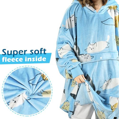 Catalonia Oversized Blanket Hoodie, Cat Print Fleece Wearable Blanket - color: Cat Blue