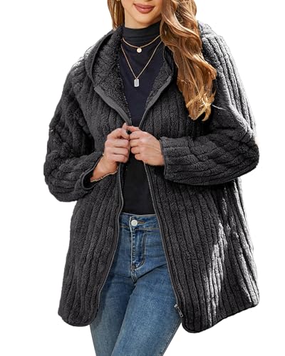 Vipwest Womens Fleece Jacket Hooded Winter Warm Full Zip Long Sleeve Sherpa Jacket Coat Outerwear with Hood (S-5XL) - color: Black Grey, size: 5X-Large