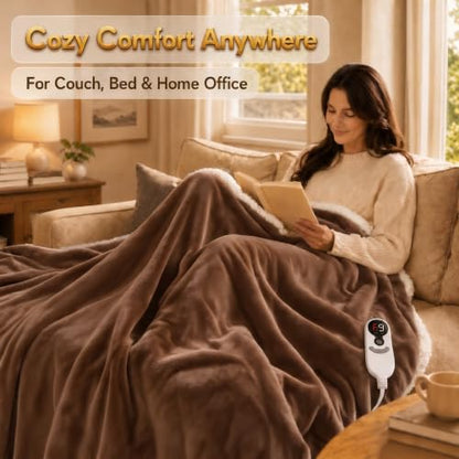 Heated Blanket Electric Throw Size 50''x60'' with 9 Heating Levels, 1-10 Hour Auto Shut Off, Machine Washable, Flannel & Sherpa Double-Sided Soft Warming Blanket for Couch, Bed, Office - Brown - color: 06-brown, size: 50''x60''(Throw)